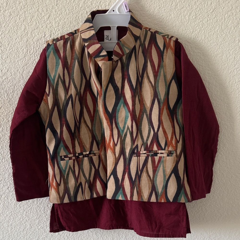 Maroon Kurta with Multicolor Pattern Vest